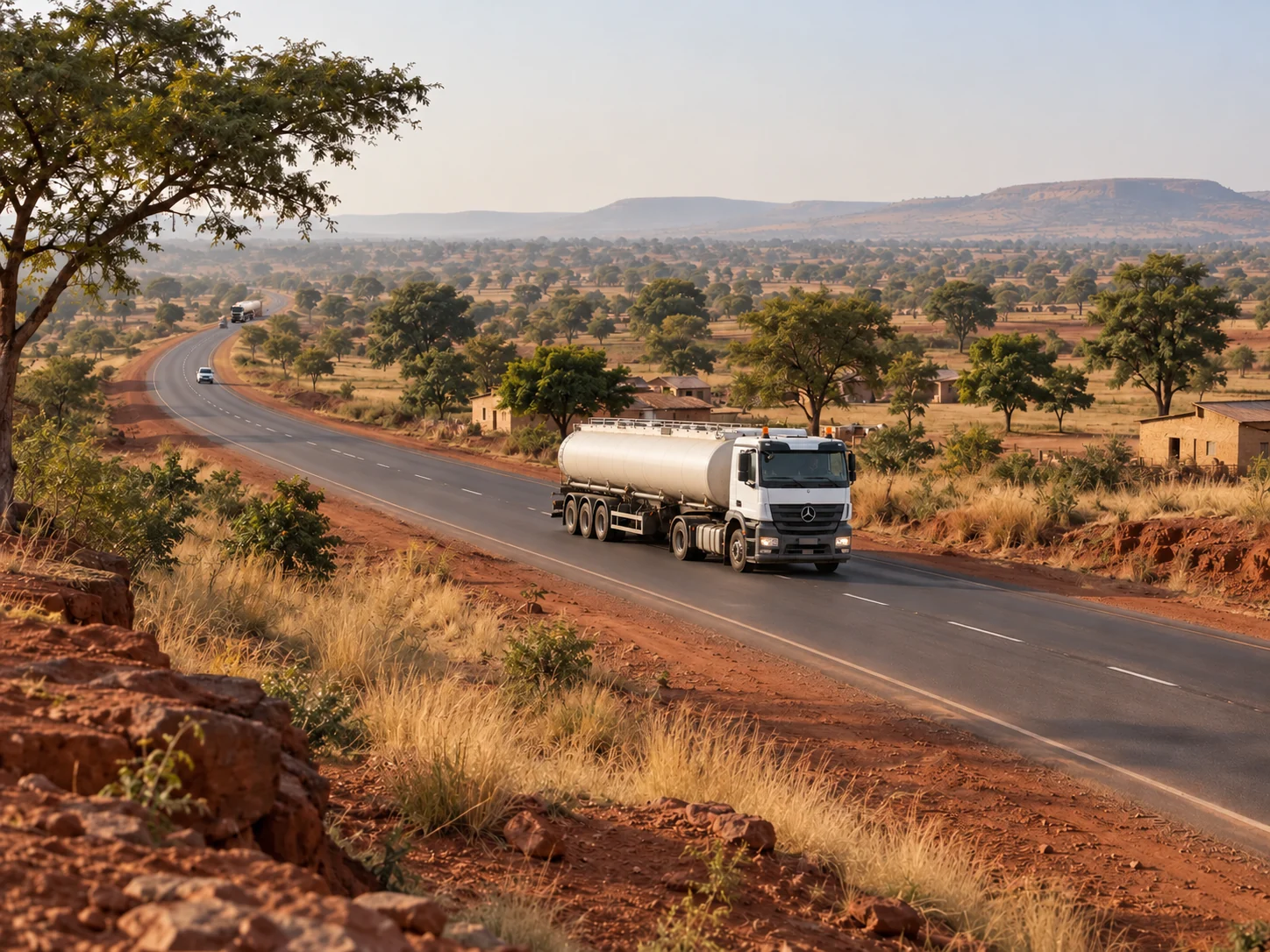 Illustration du corridor Bamako–Sikasso : route, citerne et paysage de savane