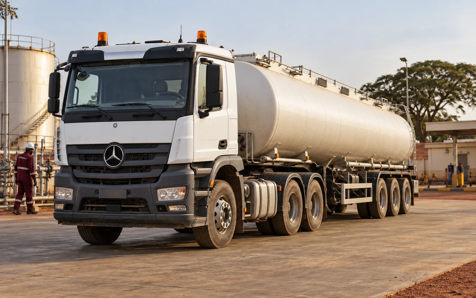 Illustration d’un tracteur de type Mercedes-Benz Actros double pont avec citerne