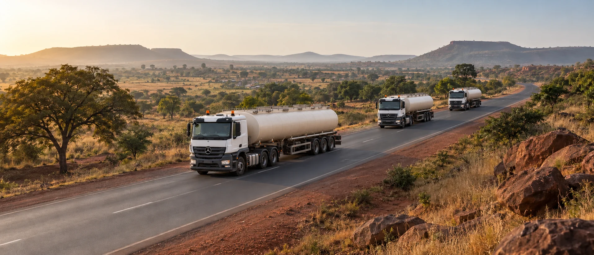 Convoi de citernes pétrolières sur une route du Mali