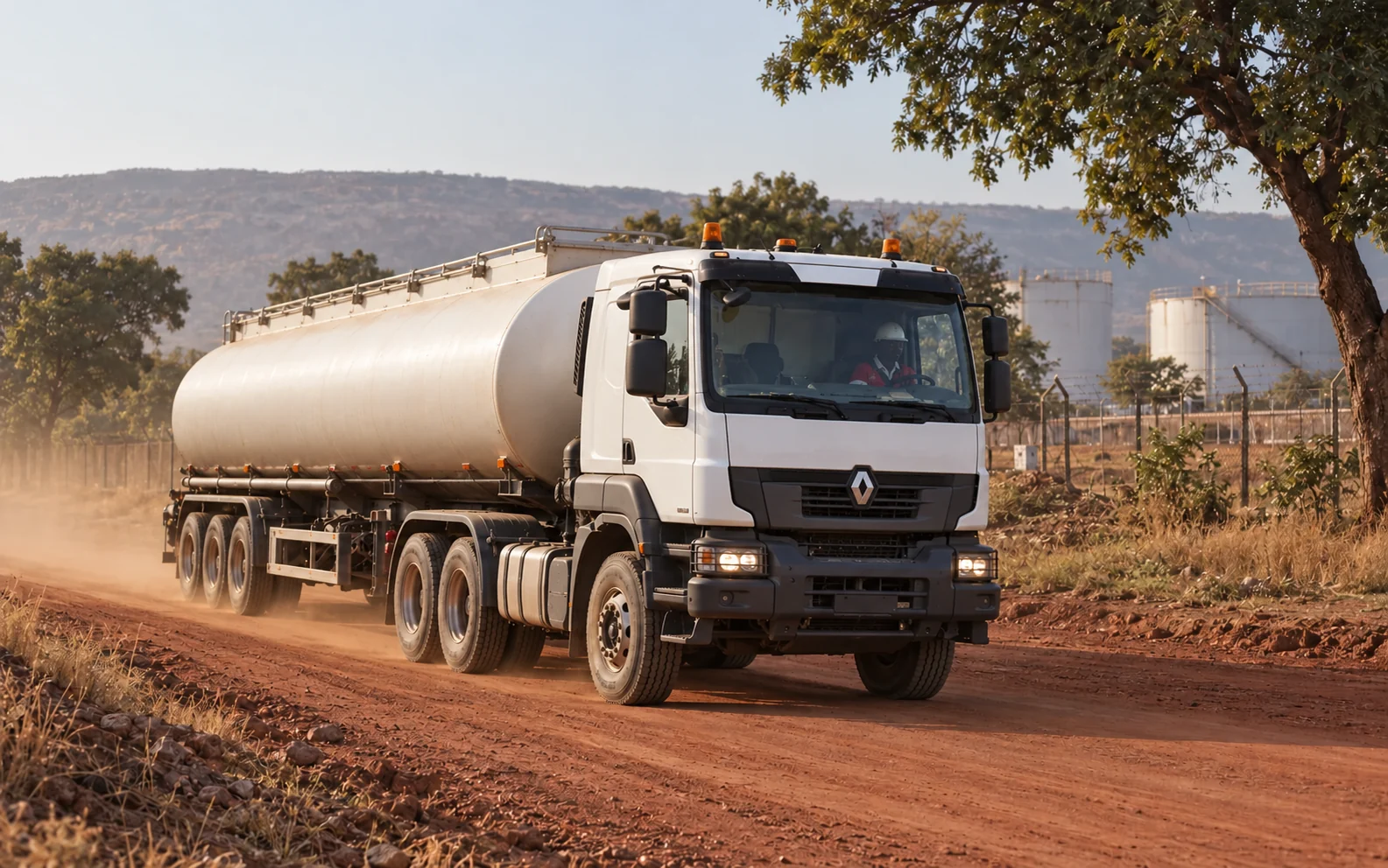 Illustration d’un tracteur de type Renault Kerax avec citerne sur une piste malienne