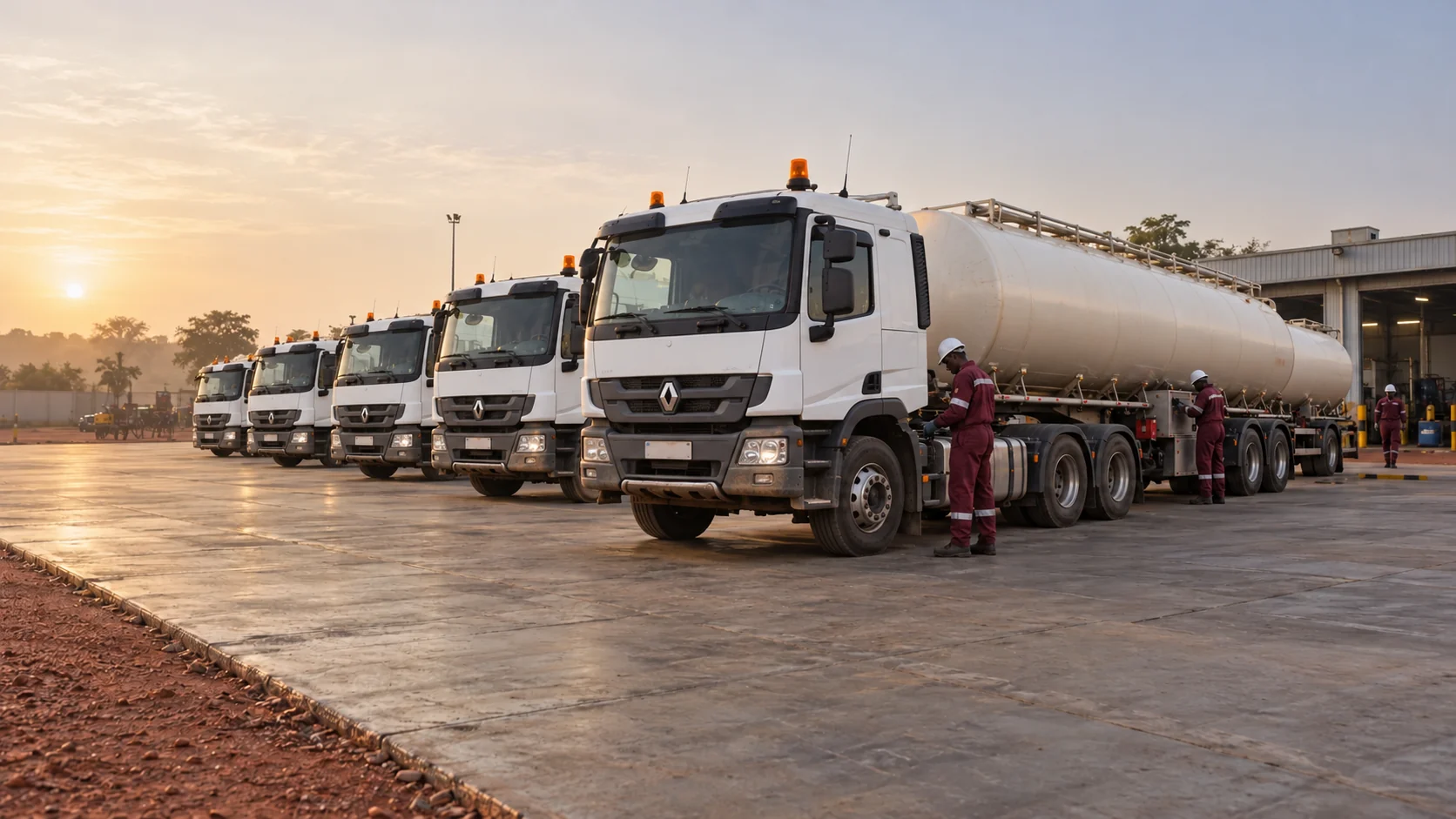 Flotte de camions-citernes blancs avec cuves claires dans un dépôt malien